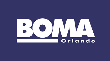 A blue and white logo of the company boma orlando.